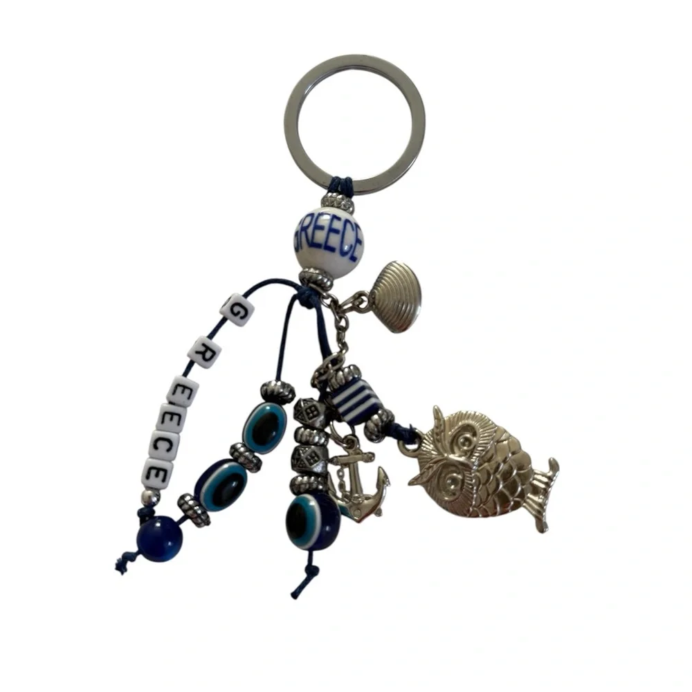 Greece Themed Keychain with Owl and Anchor Charms
